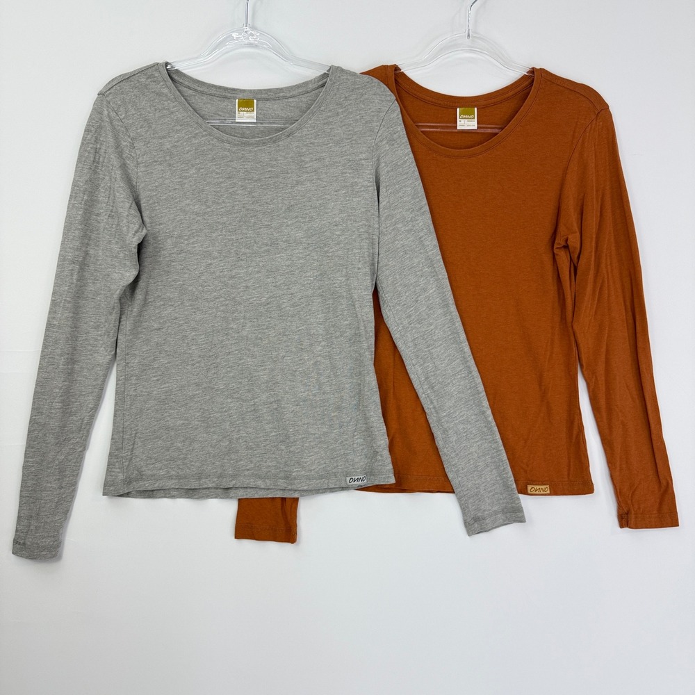 ONNO Long Sleeve T-Shirt Women Medium Gray Rust Orange Organic Bamboo Cotton 2Pk